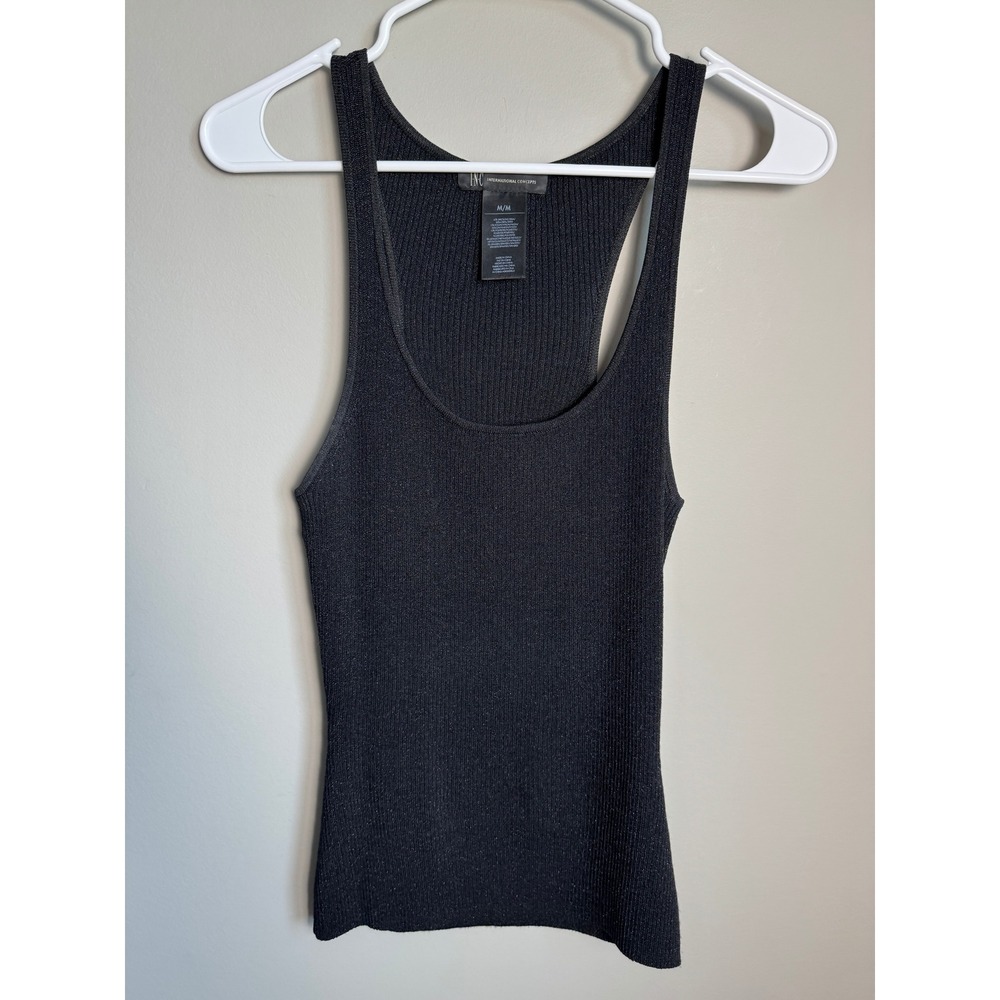 INC Silk Blend Ribbed Metallic Tank Women Medium Black Shimmer Glam Preppy Chic